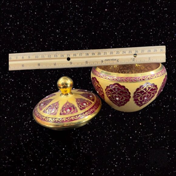 Decorium Turkish Glass Handcrafted Candy Dish Bowl Gold Gild W Lid Marked VTG - Picture 8 of 16